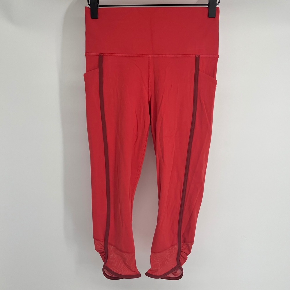 Athleta Salutation Stash Pocket Capri Pants Coral Red Mesh Ruched Ankle Size S